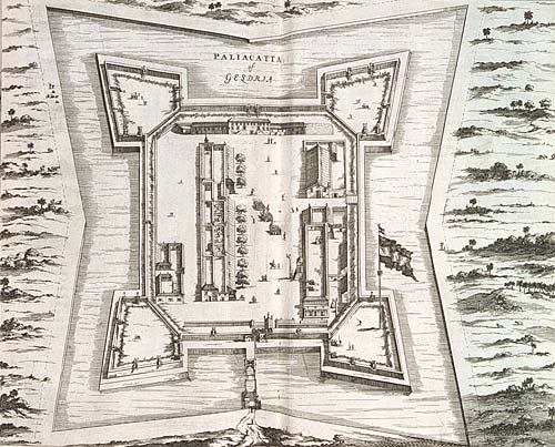 Fort Geldria in vogelvlucht, Ph. Baldaeus, Malabar en Choromandel, Amsterdam 1672